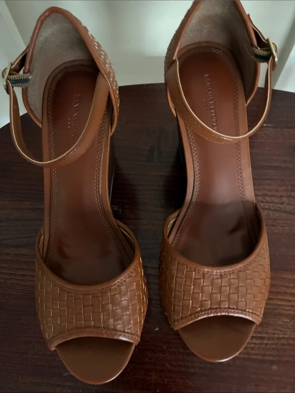 Banana Republic Tan Woven Peep-Toe Ankle-Strap Wedges